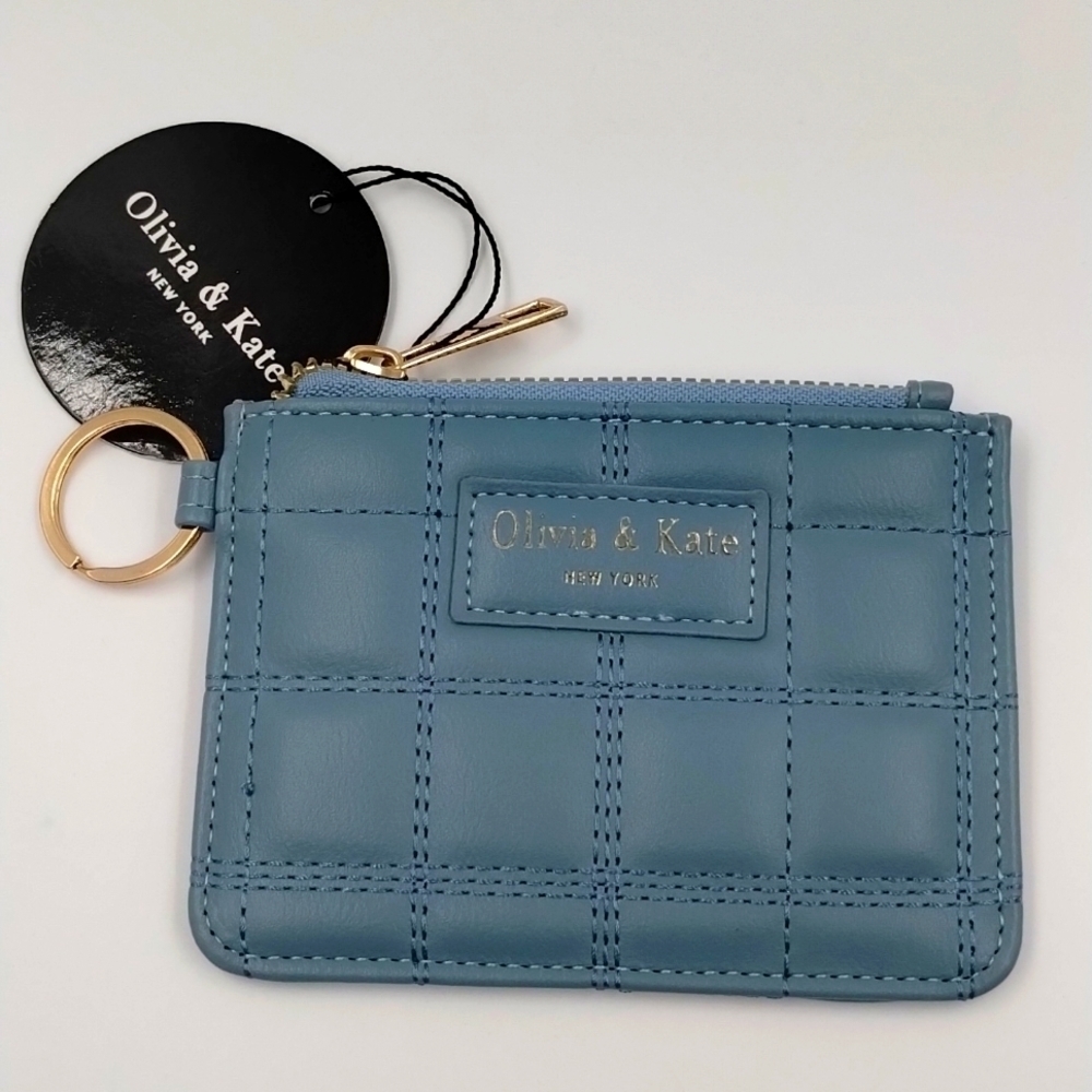 Olivia & Kate blue coin purse gold hardware zip top quilted stitching